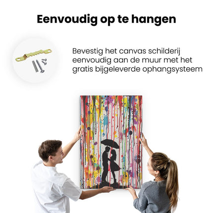 Canvas schilderij ophangen Paar Kussen onder een Kleurrijke Paraplu