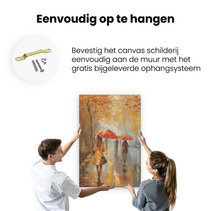 Canvas schilderij ophangen Mensen die met Paraplu's in de Regen Lopen