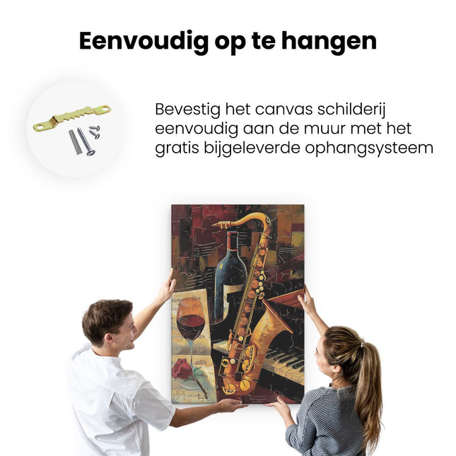 Canvas schilderij ophangen Saxofoon en een Glas Wijn