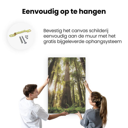 Canvas schilderij ophangen Persoon die Midden in een Sequoiabos Staat