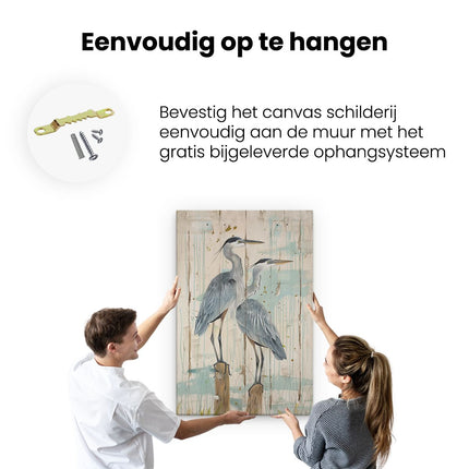 Canvas schilderij ophangen Twee Blauwe Reigers op een Houten Paal