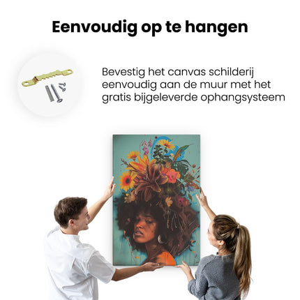 Canvas schilderij ophangen Vrouw met Bloemen op haar Hoofd