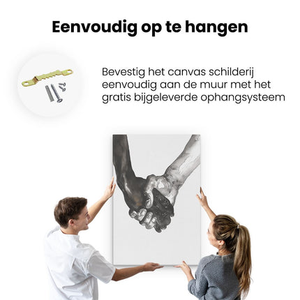 Canvas schilderij ophangen Zwart Wit Tekening van Twee Mensen die Elkaar de Hand Schudden