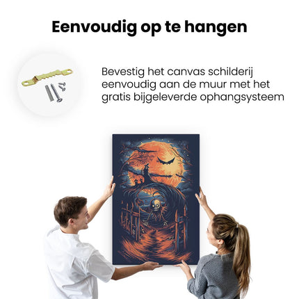Canvas schilderij ophangen Afbeelding van een Skelet voor een Volle Maan