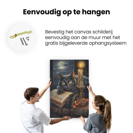 Canvas schilderij ophangen Zwarte Kat die op een Boek ligt met een Kaars