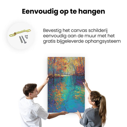 Canvas schilderij ophangen Kunstwerk van een Rivier met Bomen op de Achtergrond