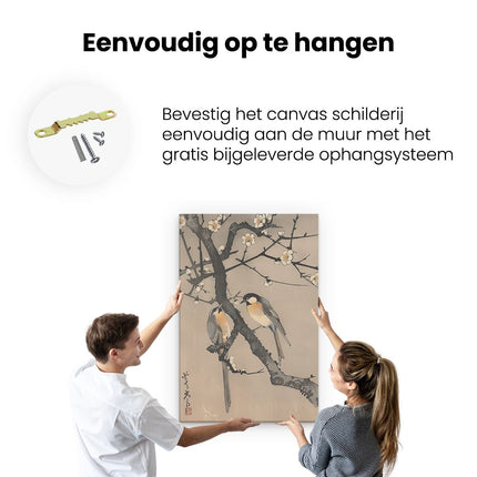 Canvas schilderij ophangen Twee Vogels Zaten op een Tak met Bloesems