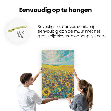 Canvas schilderij ophangen Kunstwerk van Zonnebloemen in een Veld