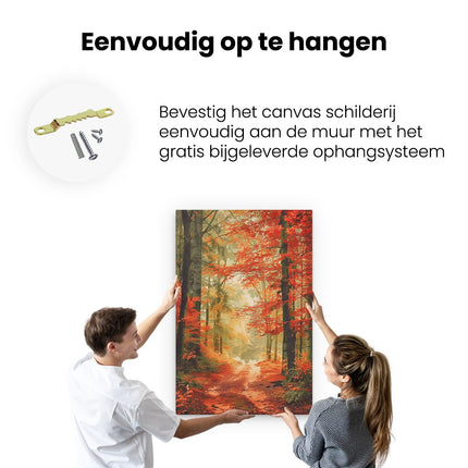 Canvas schilderij ophangen Pad in het Bos met Rode Bladeren