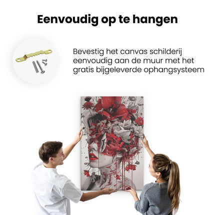 Canvas schilderij ophangen Vrouw met Rode Bloemen op haar Hoofd