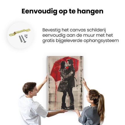 Canvas schilderij ophangen Paar Kussen onder een Rode Paraplu