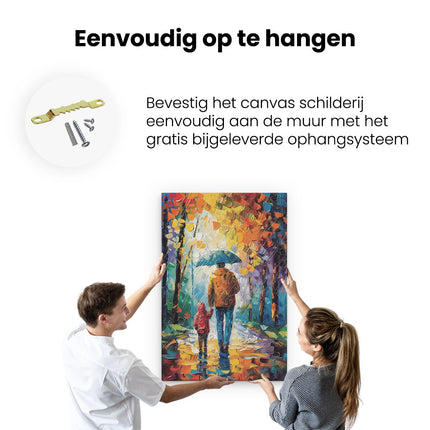 Canvas schilderij ophangen Man en een Kind Lopen in de Regen met een Paraplu