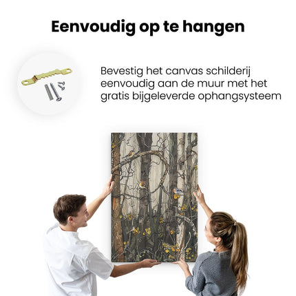 Canvas schilderij ophangen Kunstwerk van Vogels in een Bosrijke Omgeving