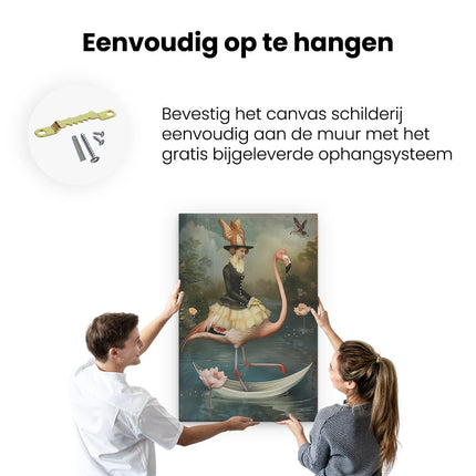 Canvas schilderij ophangen Vrouw die een Flamingo op een Boot Berijdt