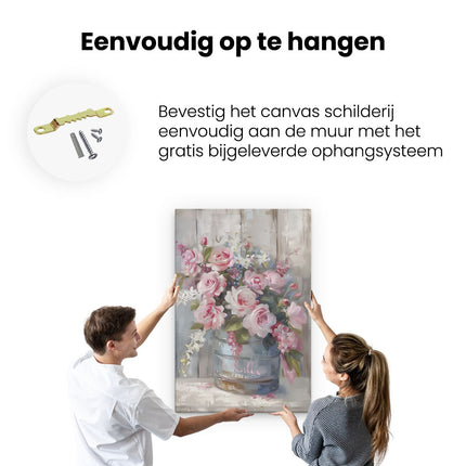 Canvas schilderij ophangen Kunstwerk van Roze Rozen in een Emmer