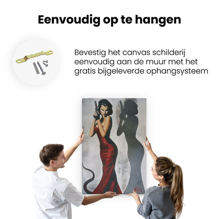 Canvas schilderij ophangen Vrouw in een Rode Jurk met een Pistool