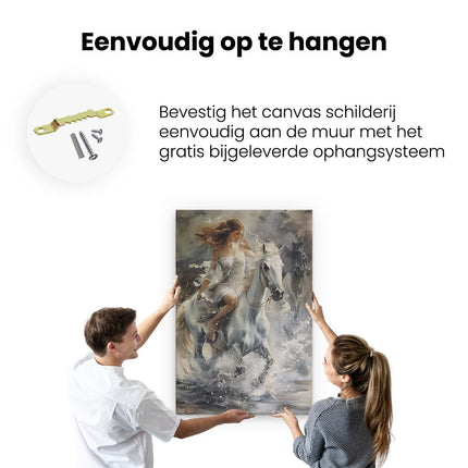 Canvas schilderij ophangen Vrouw Rijdt op een Paard in het Water