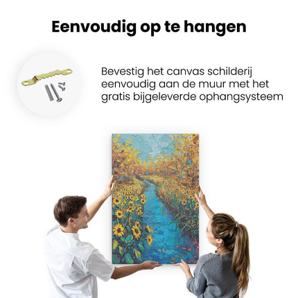 Canvas schilderij ophangen Olieverfschilderij van een Beekje en Zonnebloemen