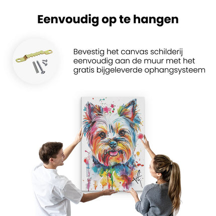 Canvas schilderij ophangen Yorkshire Terrier met Kleurrijke Verfspatten