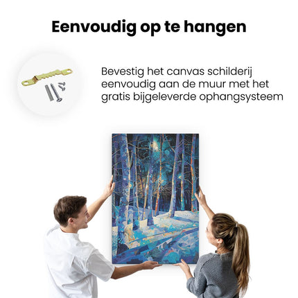 Canvas schilderij ophangen Kunstwerk van een Besneeuwd Bos 's Nachts