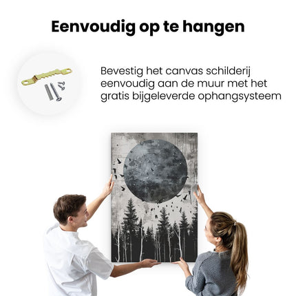 Canvas schilderij ophangen Kraaien die over een Maan in het Bos Vliegen