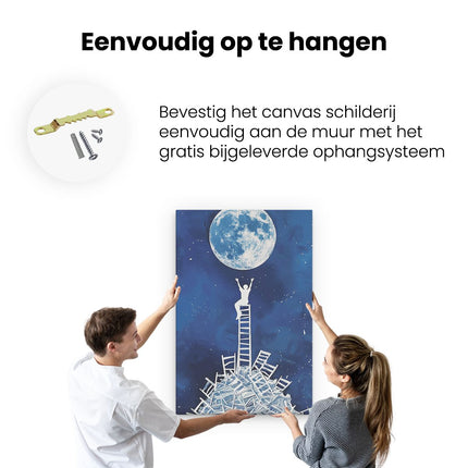 Canvas schilderij ophangen Persoon Staat op een Ladder voor een Volle Maan