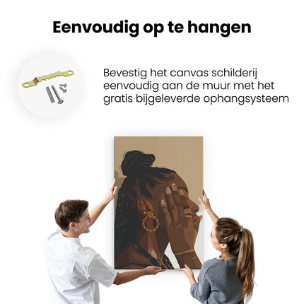 Canvas schilderij ophangen Zwarte Vrouw die haar Hand tegen haar Gezicht Hield