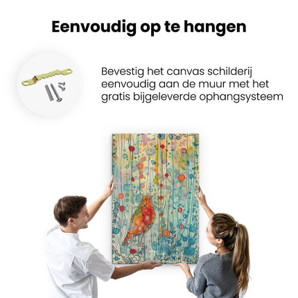 Canvas schilderij ophangen Aquarelkunstwerk van een Vogel in een Bloemenveld