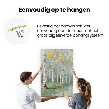 Canvas schilderij ophangen Kunstwerk van Berkenbomen en een Vijver