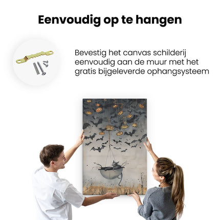 Canvas schilderij ophangen Kat zit in een Paraplu met Pompoenen Eraan