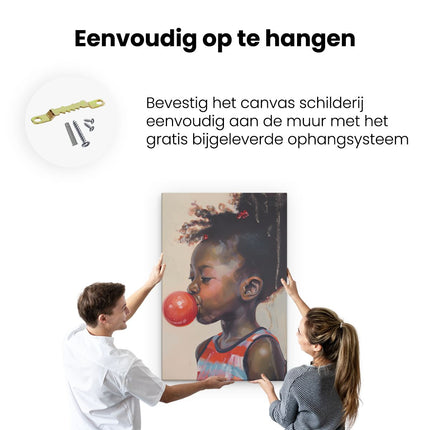Canvas schilderij ophangen Klein Meisje Blaast een Kauwgom