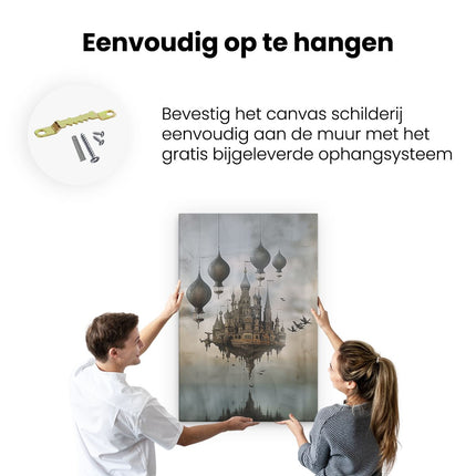 Canvas schilderij ophangen Afbeelding van een Kasteel dat in het Water Drijft