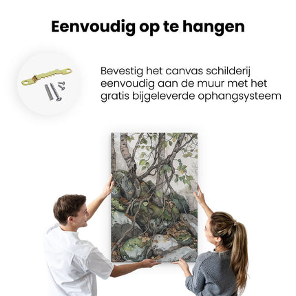 Canvas schilderij ophangen Berkenbomen en Rotsen in het Bos