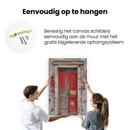 Canvas schilderij ophangen Rode Deur op een Wit Gebouw