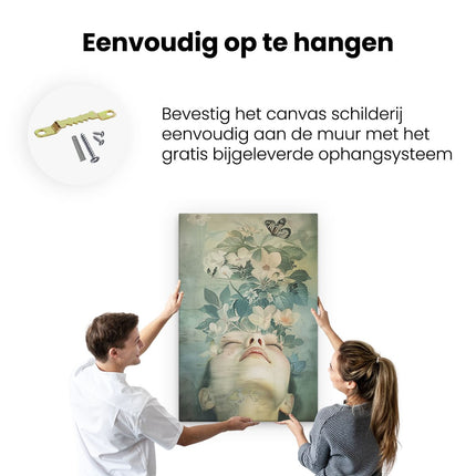 Canvas schilderij ophangen Vrouw met Bloemen in haar Hoofd