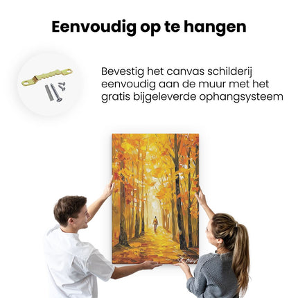 Canvas schilderij ophangen Persoon die in de Herfst door een Bos loopt