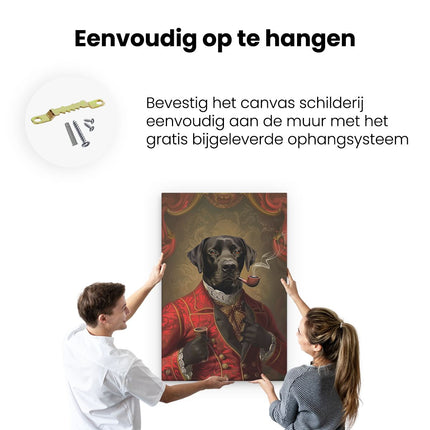 Canvas schilderij ophangen Zwart Lab in een Rood Pak met een Pijp