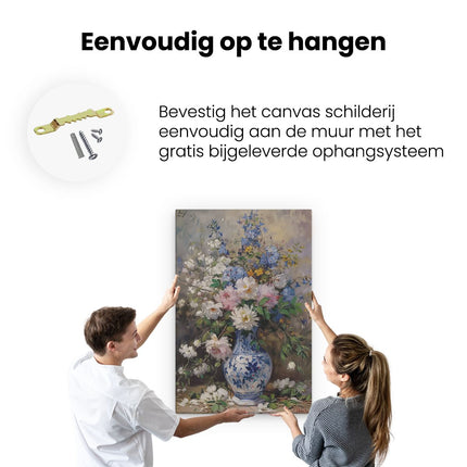 Canvas schilderij ophangen Kunstwerk van Bloemen in een Blauw-Witte Vaas