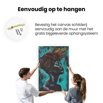 Canvas schilderij ophangen Kunstwerk van een Vrouw met Veren op haar Hoofd