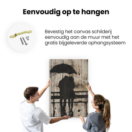 Canvas schilderij ophangen Twee Mensen Zitten op een Bankje onder een Parasol