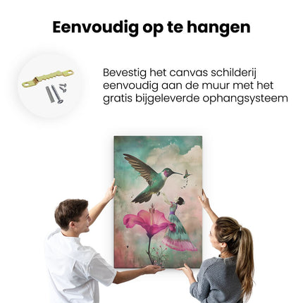 Canvas schilderij ophangen Meisje in een Jurk en een Kolibrie