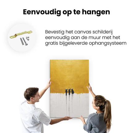 Canvas schilderij ophangen Drie Mensen Staan ​​Voor een Gele Achtergrond