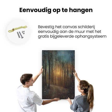 Canvas schilderij ophangen De Zon schijnt op een Besneeuwd Pad in het Bos