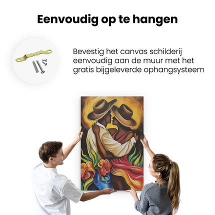 Canvas schilderij ophangen Kunstwerk van een Kussend Stel met Hoeden