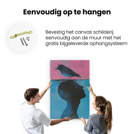 Canvas schilderij ophangen Vogel Bovenop Iemands Hoofd