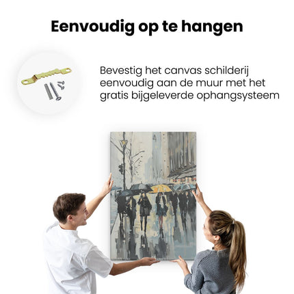 Canvas schilderij ophangen Kunstwerk van Mensen die met Paraplu's in de Regen Lopen