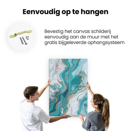 Canvas schilderij ophangen Abstract Kunstwerk van Turkoois, Goud en Witte Wervelingen