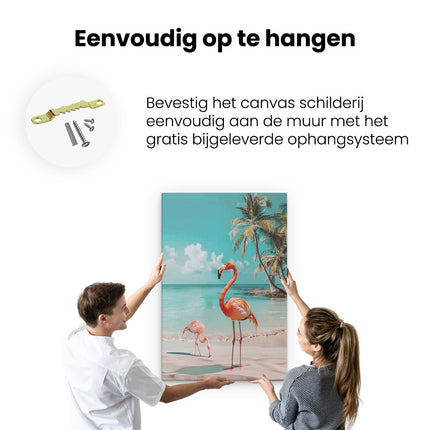 Canvas schilderij ophangen Twee Flamingo's op het Strand