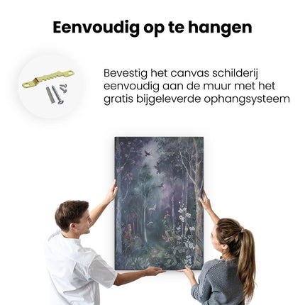 Canvas schilderij ophangen Kunstwerk van een Bos met Vogels en Bloemen