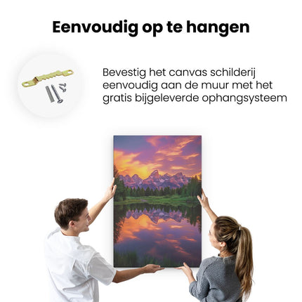 Canvas schilderij ophangen De Bergen Worden bij Zonsondergang Weerspiegeld in een Meer